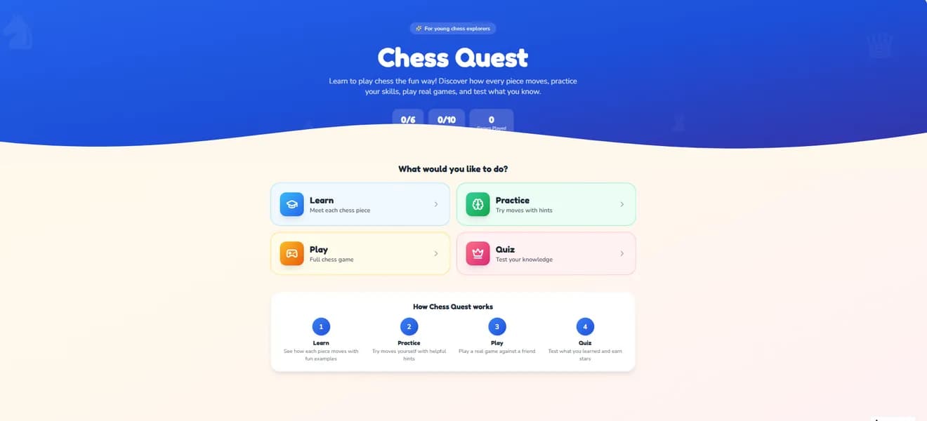 Chess Quest home screen with Learn, Practice, Play and Quiz options