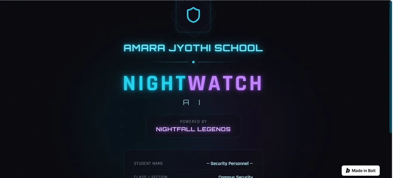 Nightwatch AI gate pass system for Amara Jyothi School in a dark security-console theme