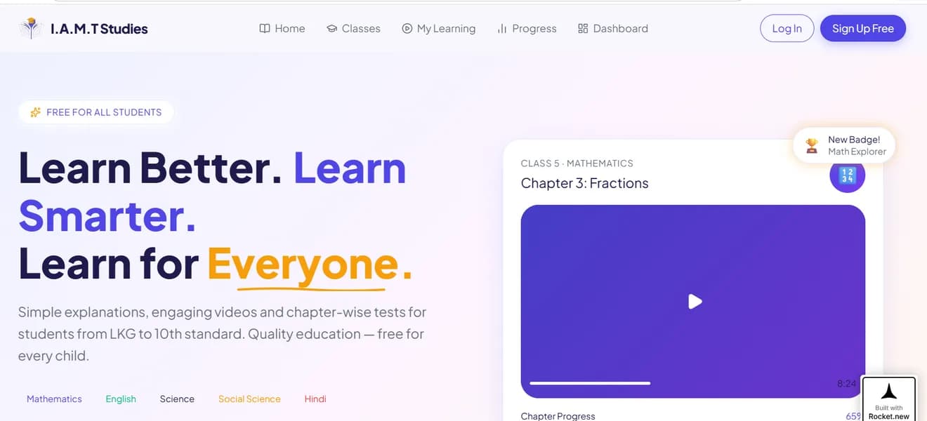 I.A.M.T Studies learning website homepage with subjects from Mathematics to Hindi